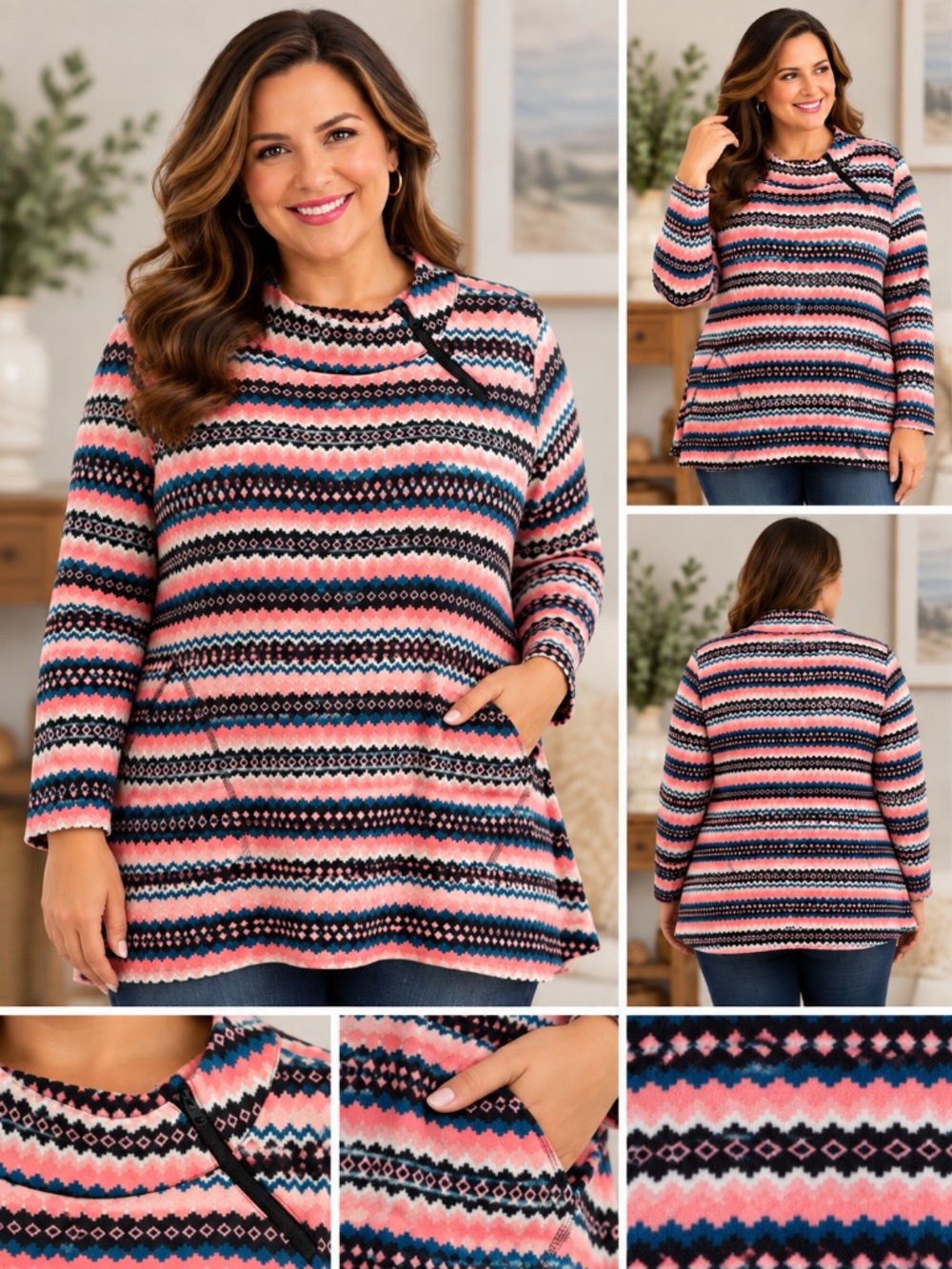 T by Talbots 3X Fair Isle Fleece Tunic Pullover Pink Blue Plus Size